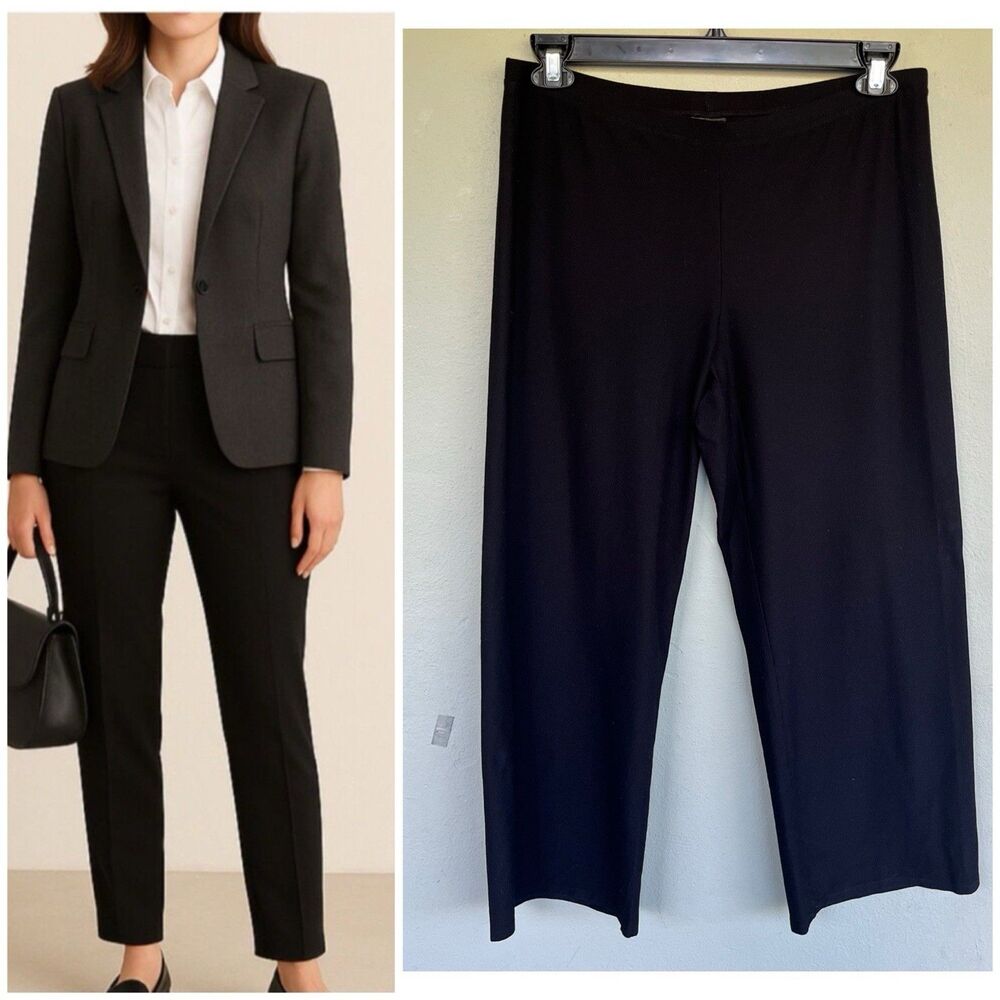 Eileen Fisher Washable Crepe Pants Women M Black Straight Pull-On Quiet Luxury
